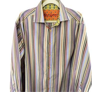 Robert Graham Mens Button Down Multi Colored Strip Shirt Sz XL